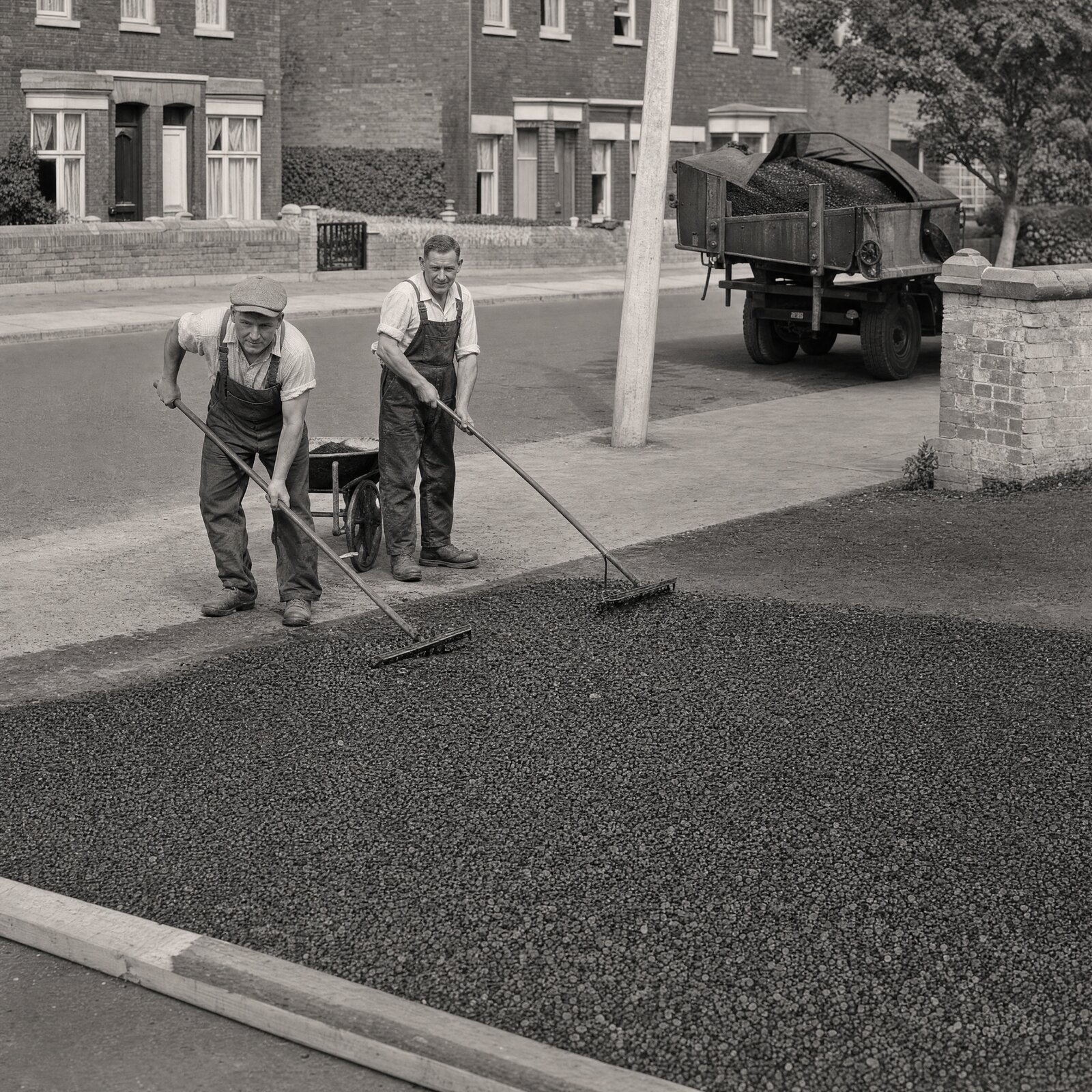 White & Sons crew laying asphalt, mid-century