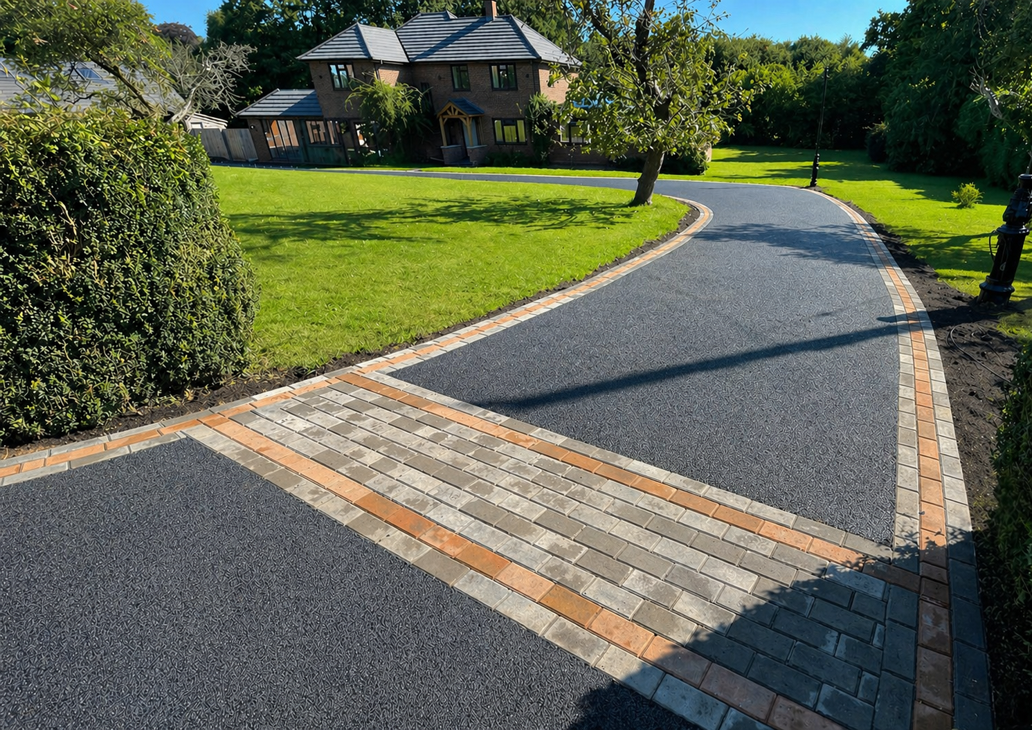 Country house tarmac driveway with decorative block paving border