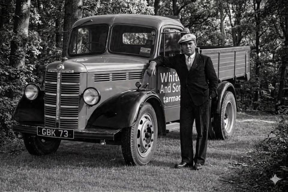 White & Sons founder with company truck, 1935